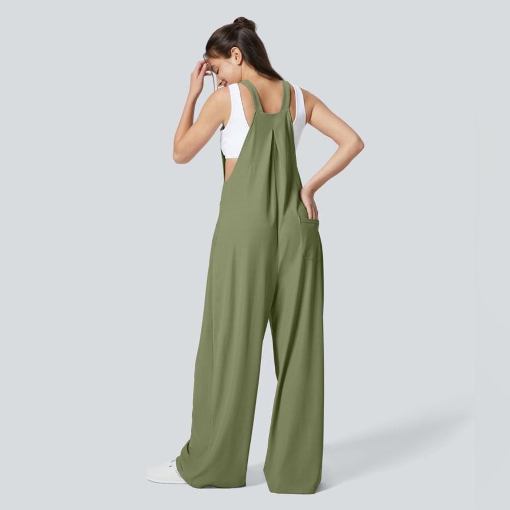 Halara Adjustable Strap Button Multiple Pockets Waffle Casual Overalls Green - Picture 9 of 10